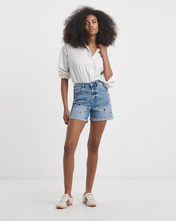 Fruit Salad Embroidered Roll Hem Mom Short
