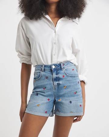 Fruit Salad Embroidered Roll Hem Mom Short