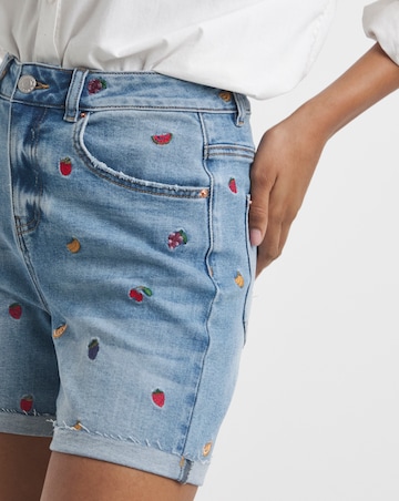 Fruit Salad Embroidered Roll Hem Mom Short