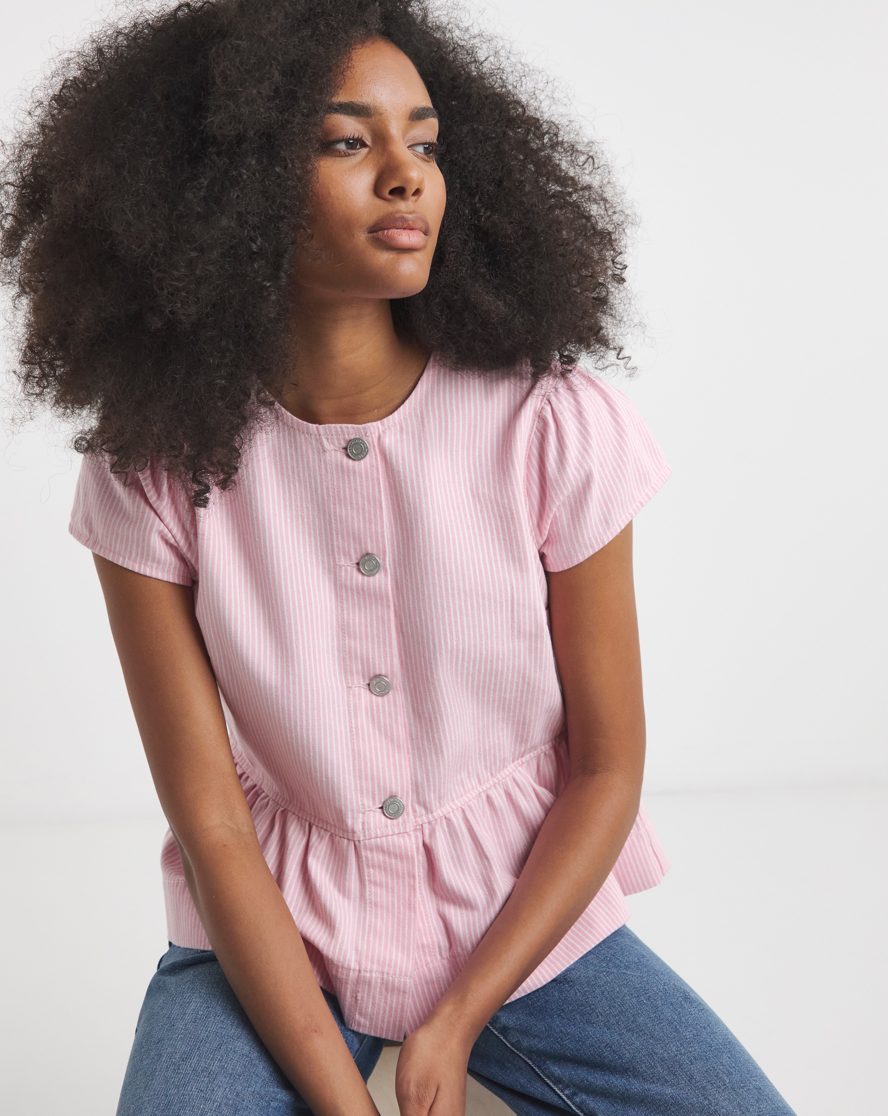 Pink Stripe Denim Button Up Peplum Top