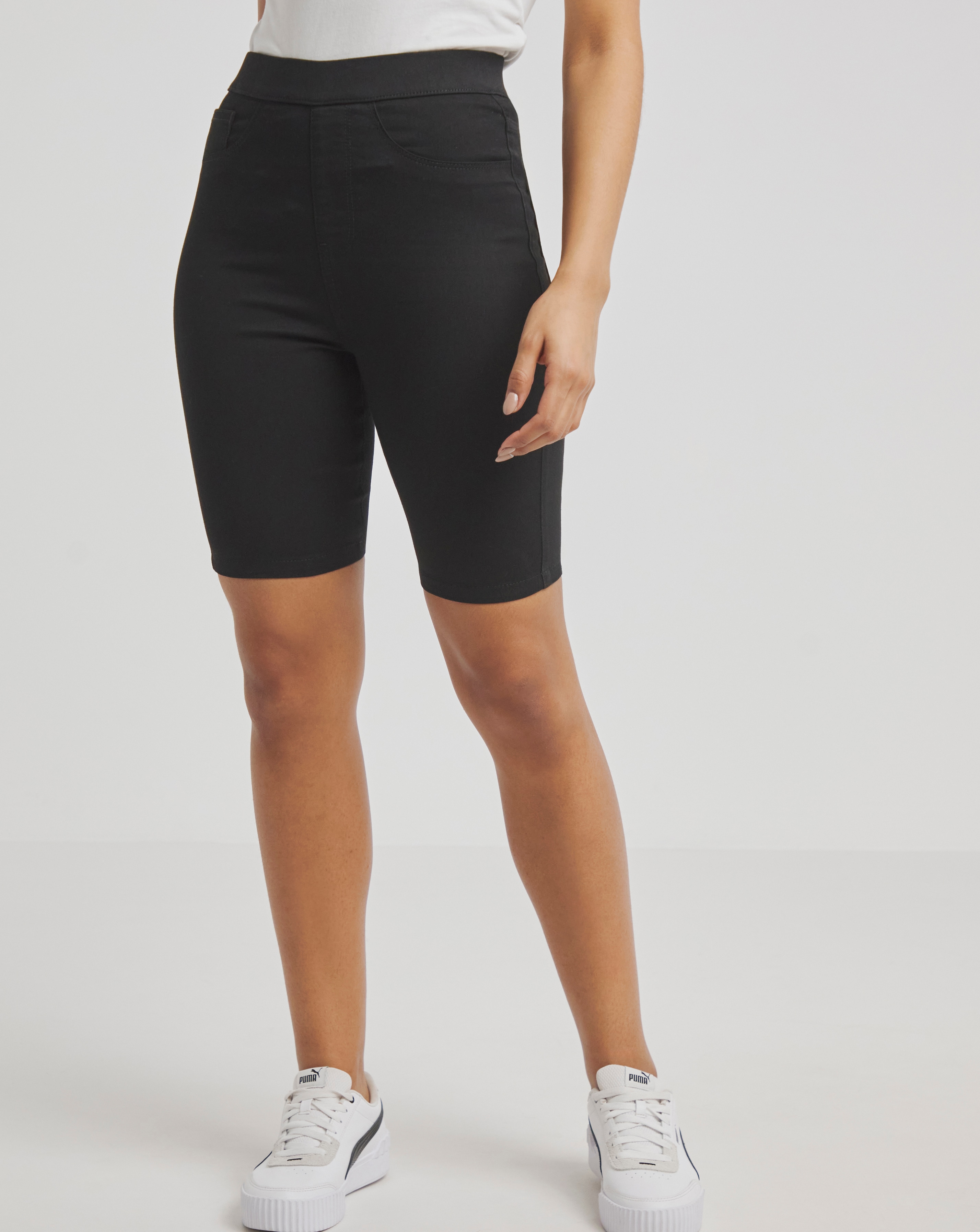 Black denim cycling shorts on sale