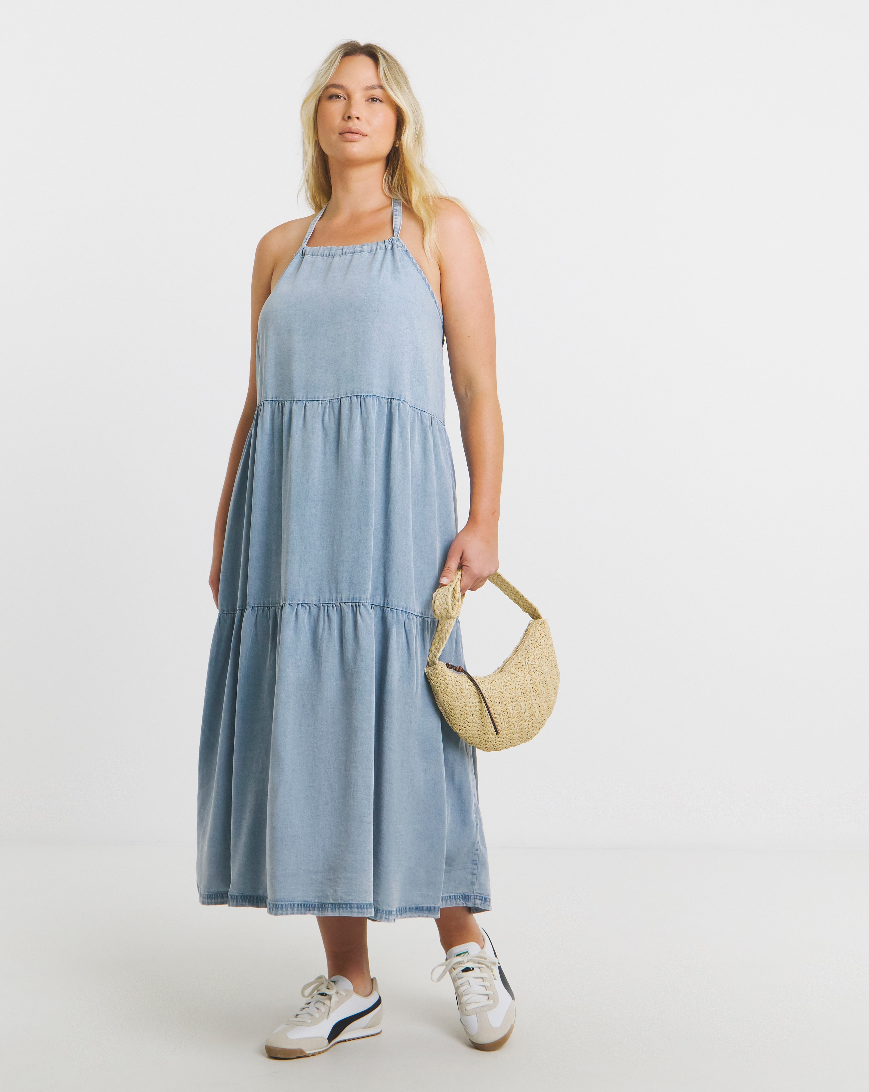 Simply Be - Women's Blue Halter Tiered Maxi Dress - Size 14 - Light wash - 100% Lyocell - Sustainable