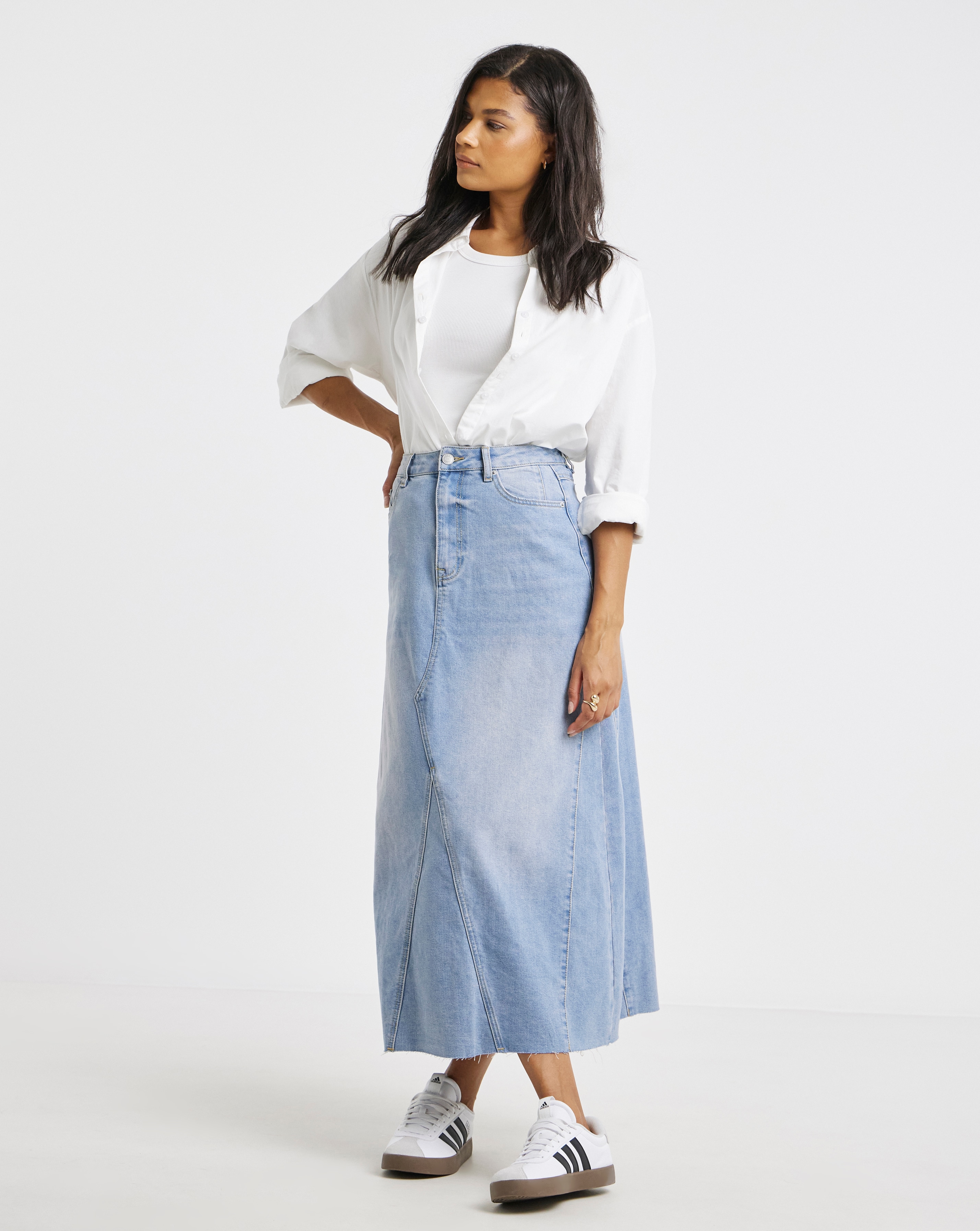 Pink Tint Denim Full Maxi Skirt