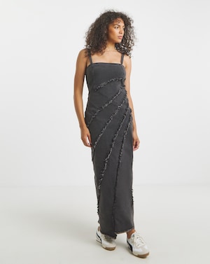 Washed Black Seamed Column Maxi Dress - Image 1