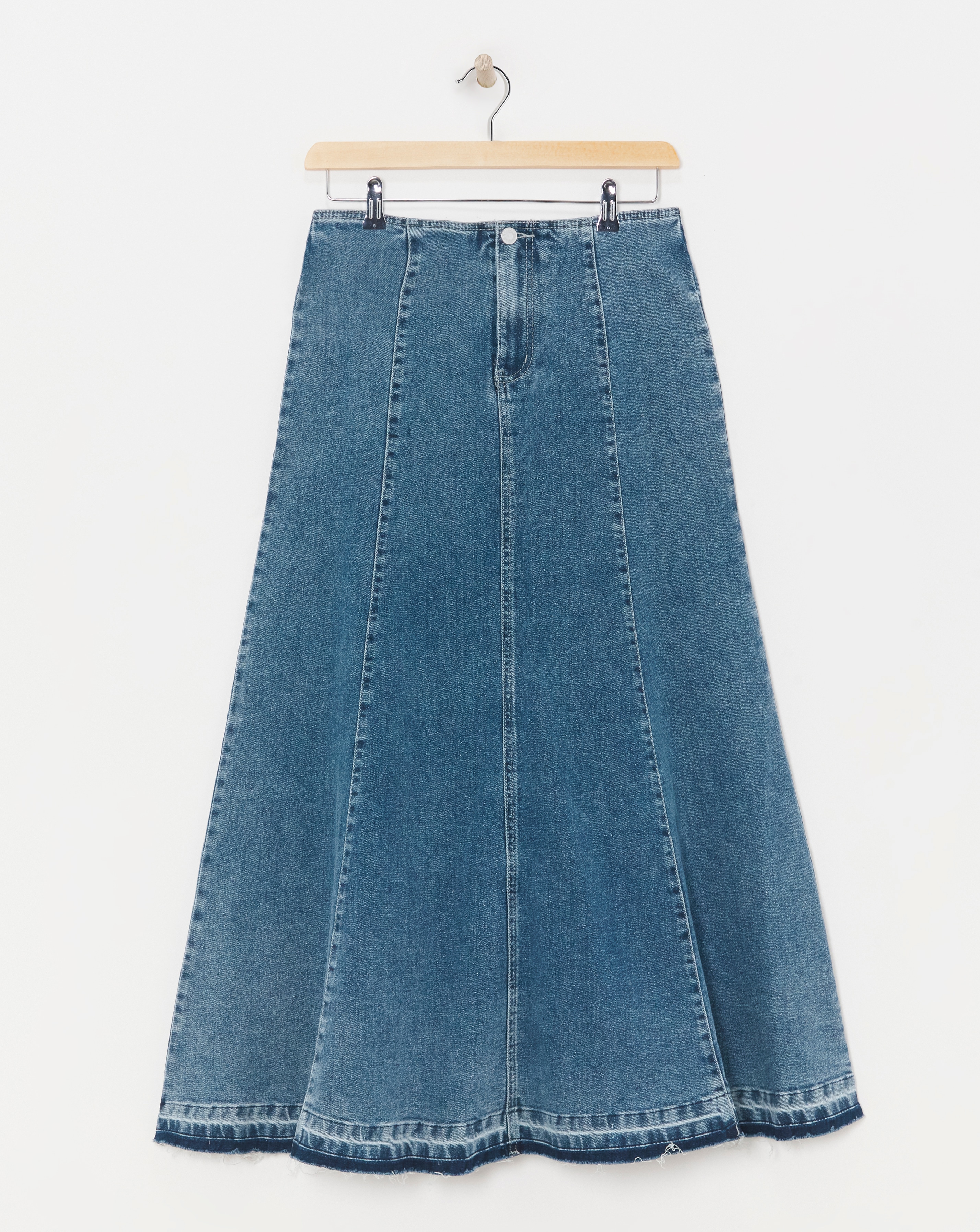 Mid Wash Fit and Flare Denim Maxi Skirt