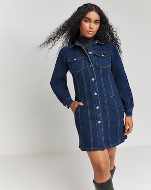 Indgio LONG SLEEVE BOXY DENIM MINI DRESS - Image 1