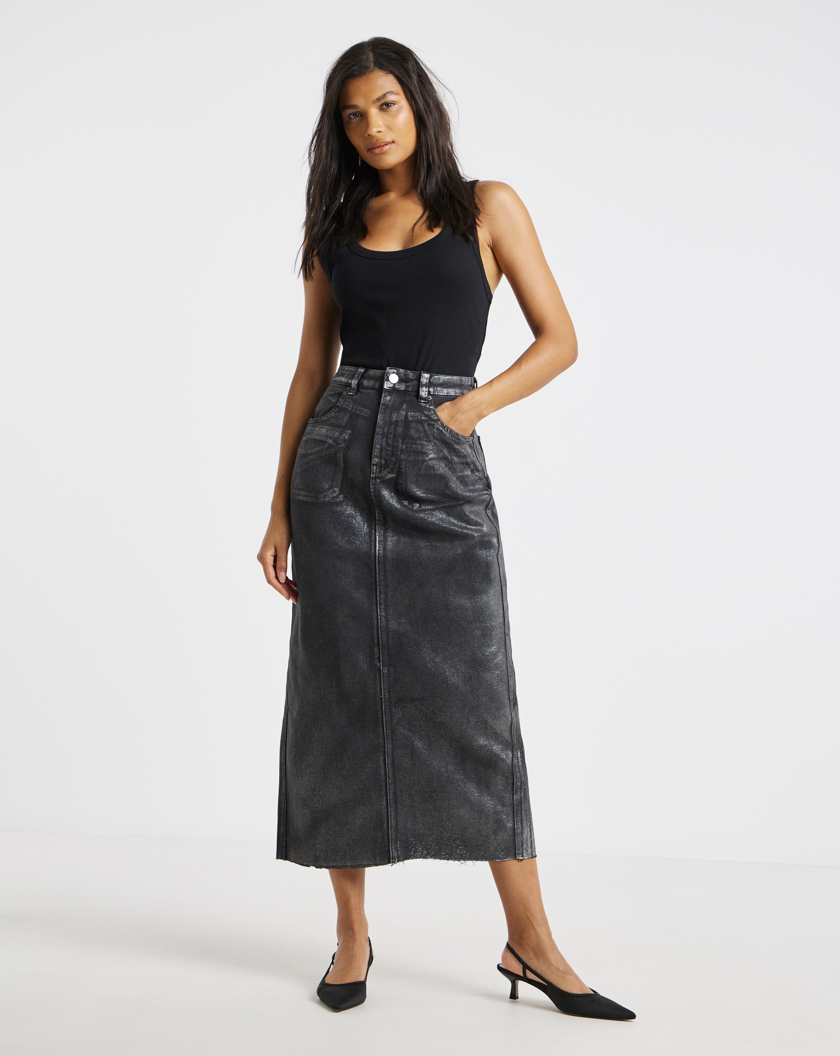 Black Metallic A Line Maxi Skirt