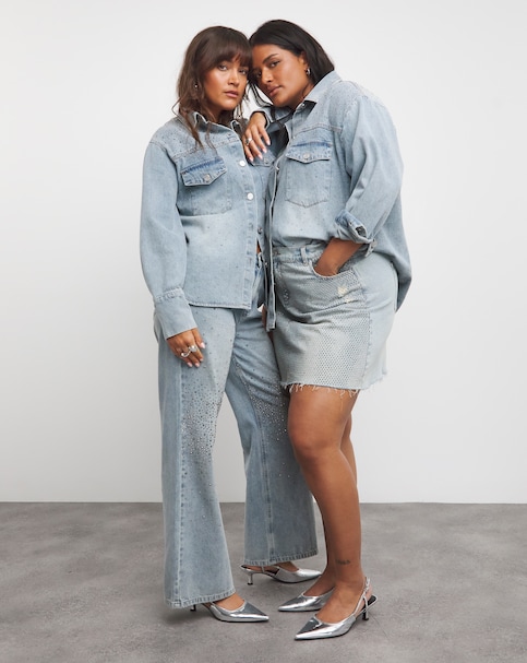 Embellished Oversized Denim Shirt - Light Wash