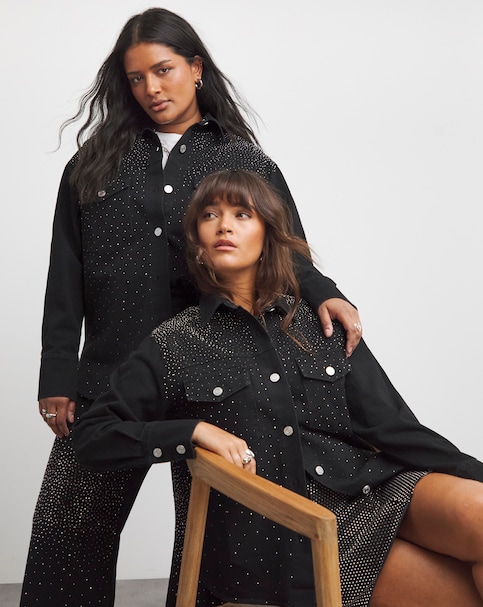 Embellished Oversized Denim Shirt - Black