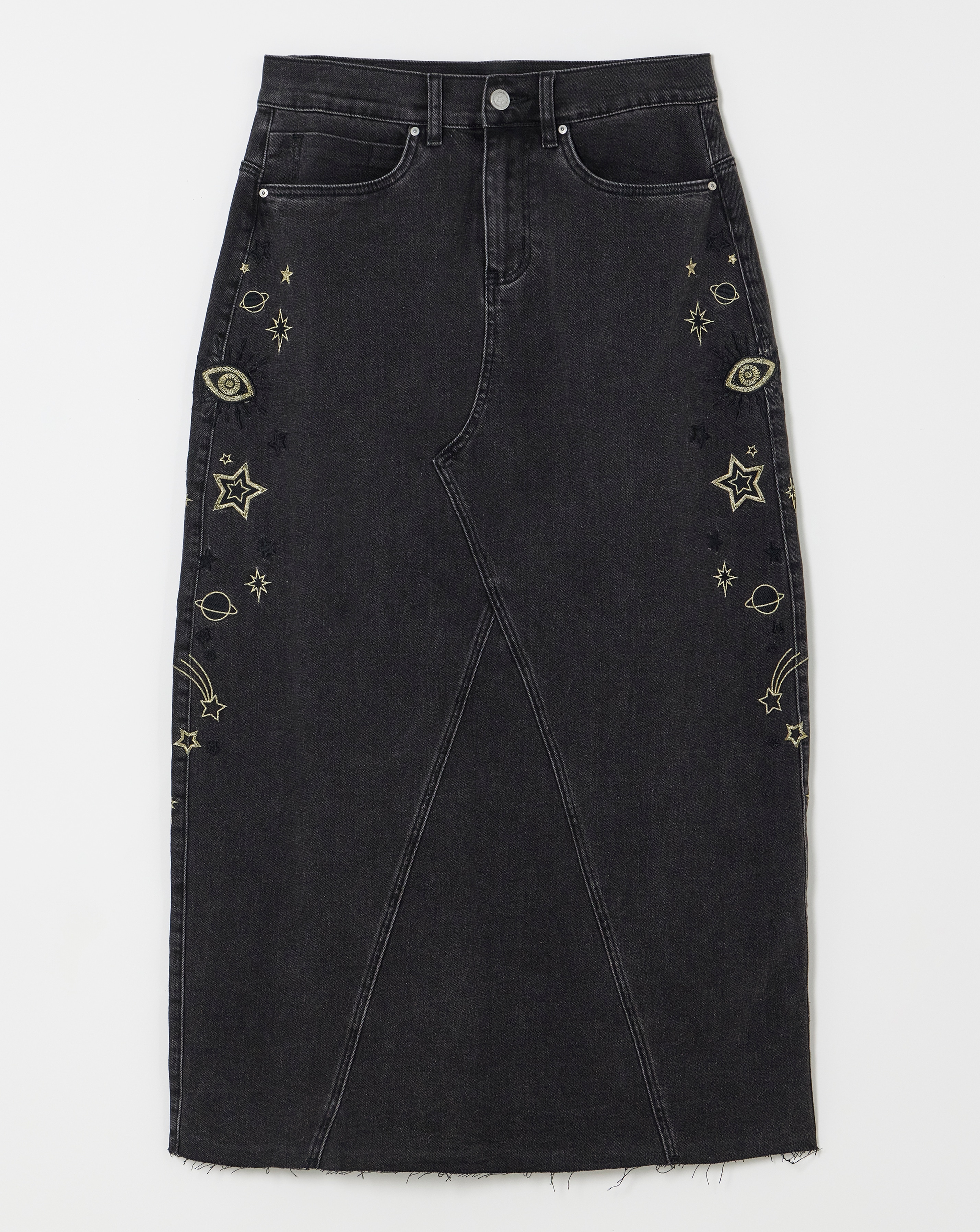 Black Cosmic Mix A Line Denim Maxi Skirt