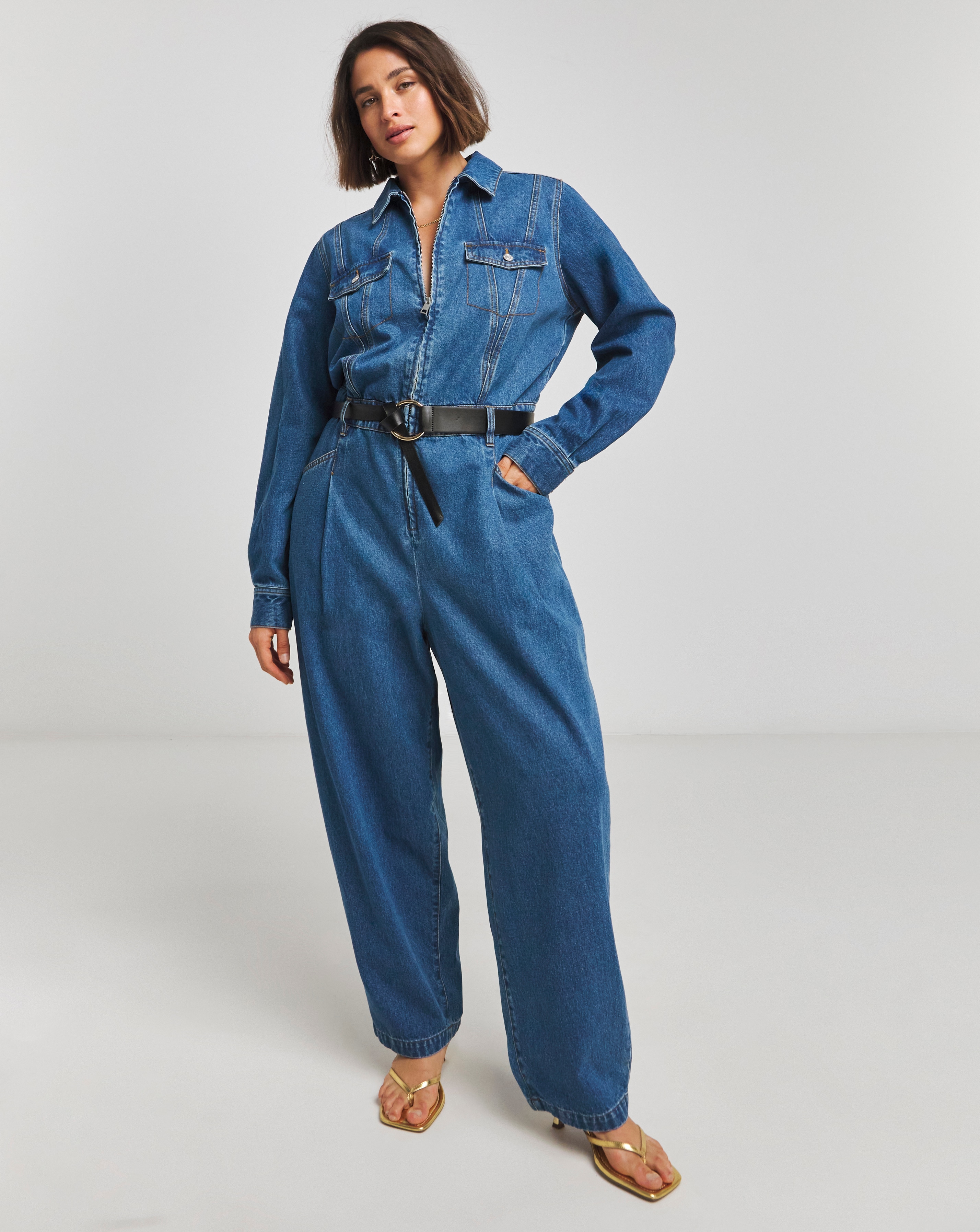 Mid Wash Tapered Leg Jumpsuit