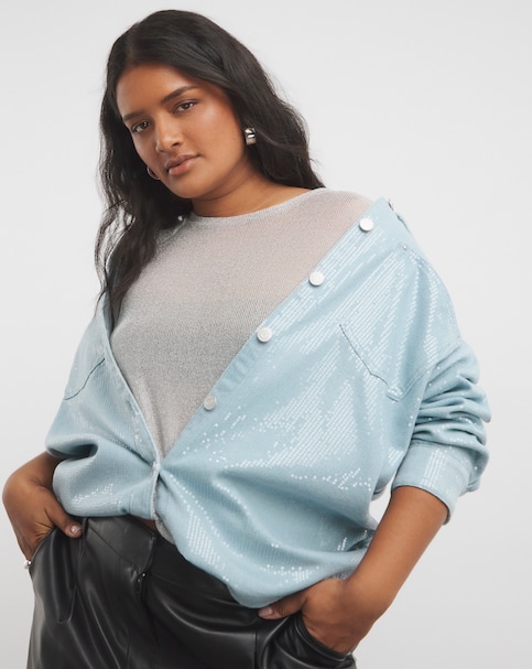 Light Wash Clear Sequin Oversized Shirt - Light Wash