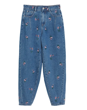 Mid Wash Floral Embroidered Barrel Leg Jeans