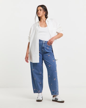 Mid Wash Floral Embroidered Barrel Leg Jeans