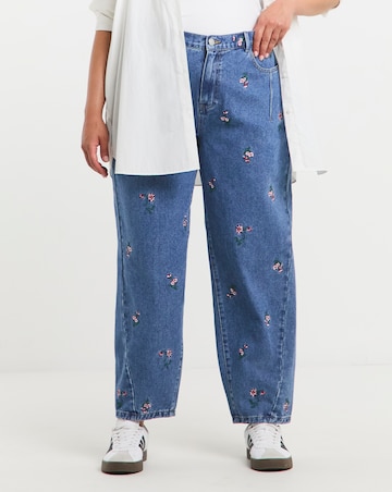 Mid Wash Floral Embroidered Barrel Leg Jeans
