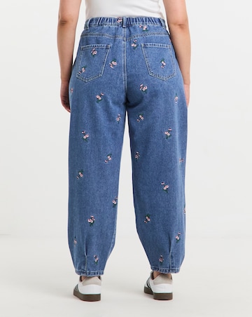 Mid Wash Floral Embroidered Barrel Leg Jeans