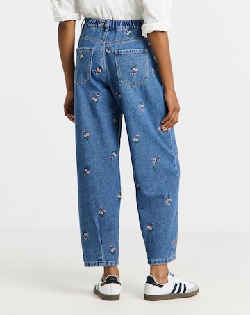 Mid Wash Floral Embroidered Barrel Leg Jeans