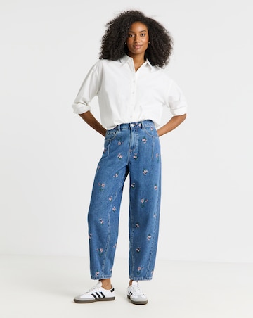 Mid Wash Floral Embroidered Barrel Leg Jeans