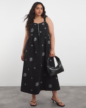 Embroidered Midaxi Denim Pinafore Dress - Image 4