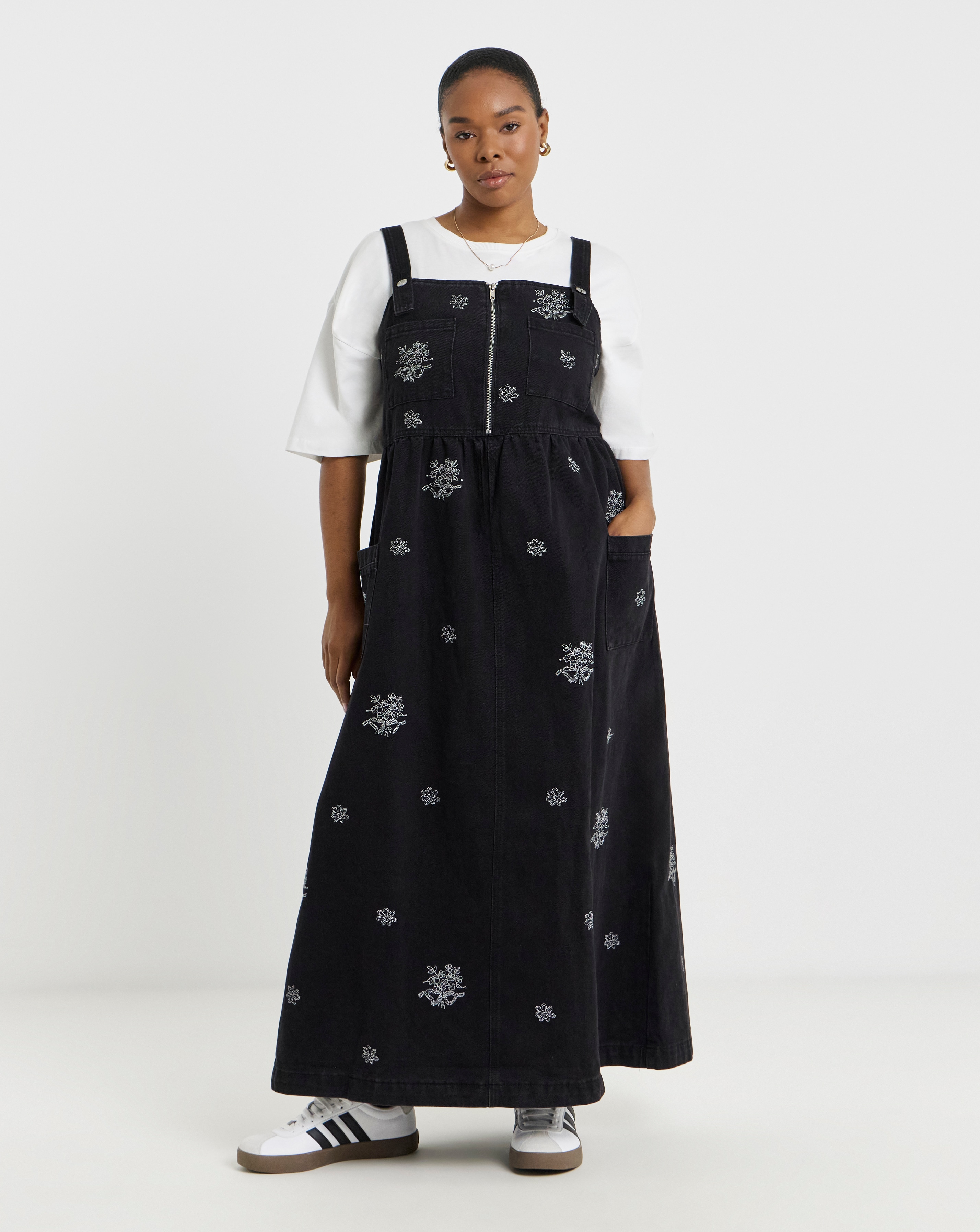 Simply Be - Women's Embroidered Midaxi Denim Pinafore Dress - Size 14 - Black - 100% Cotton