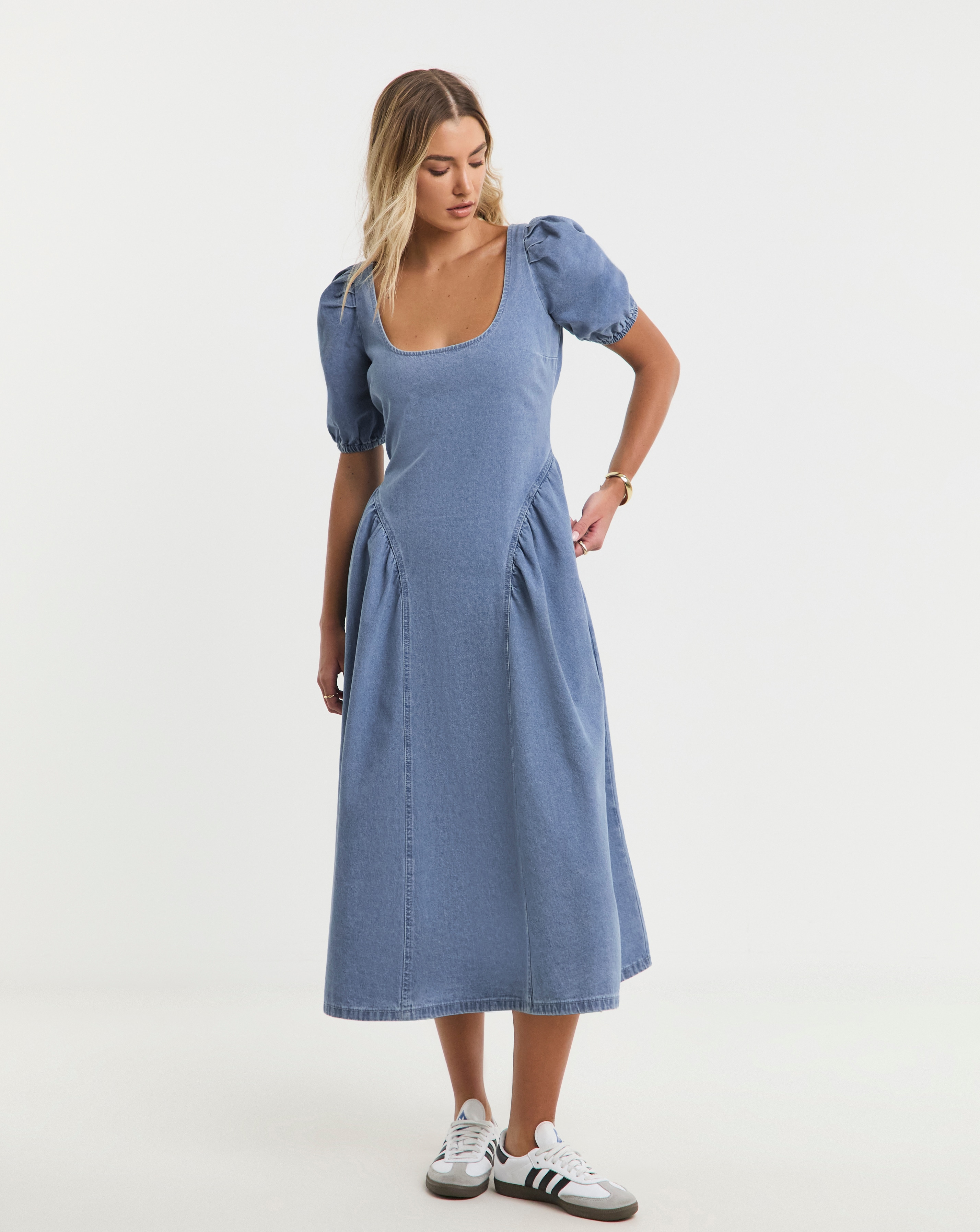 Simply Be - Women's Denim Puff Sleeve Dress - Size 14 - Mid blue - 89% Cotton 6% Polyester 5% Viscose