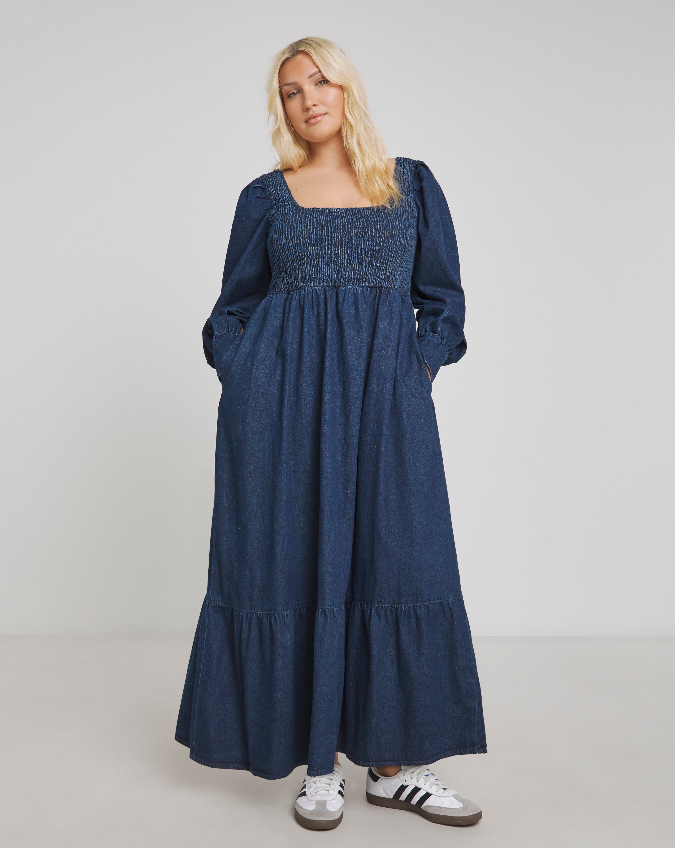 Simply Be - Women's Shirred Maxi Smock Denim Dress - Size 12 - Dark blue - 89% Cotton 6% Polyester 5% Viscose
