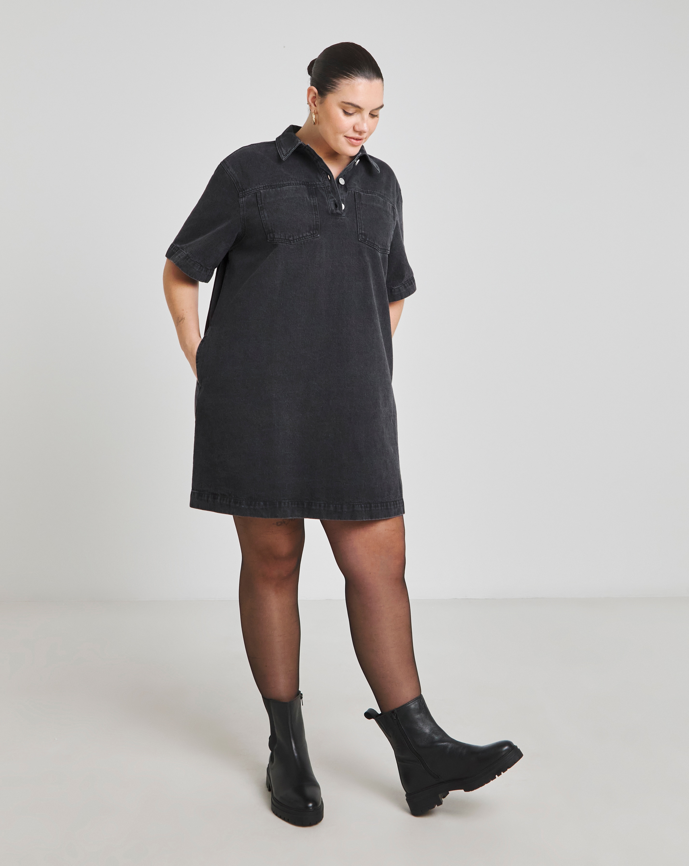 Simply Be - Women's Black BoxyDenim Short Dress - Size 16 - Black - 92% Cotton 6% Polyester 2% Viscose