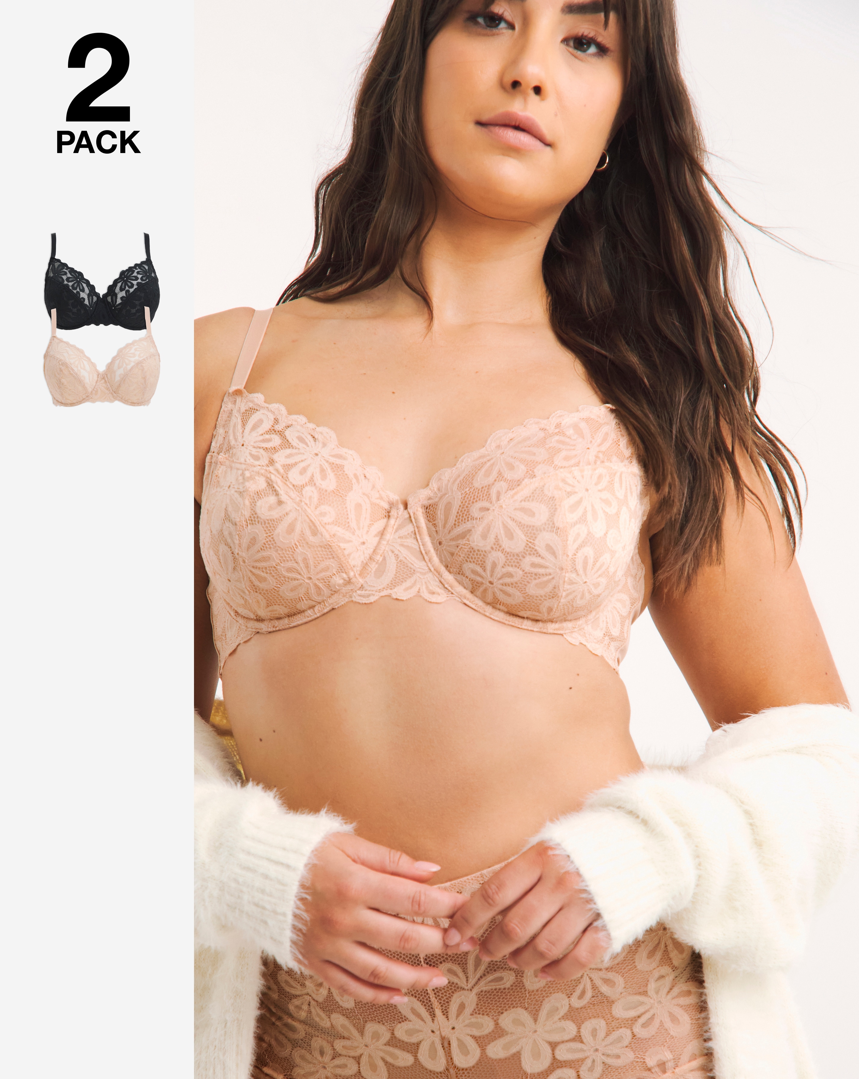 Pretty Secrets 2 Pack Daisy Lace Full Cup Bras In Black/almond | UK Size 38B Women's