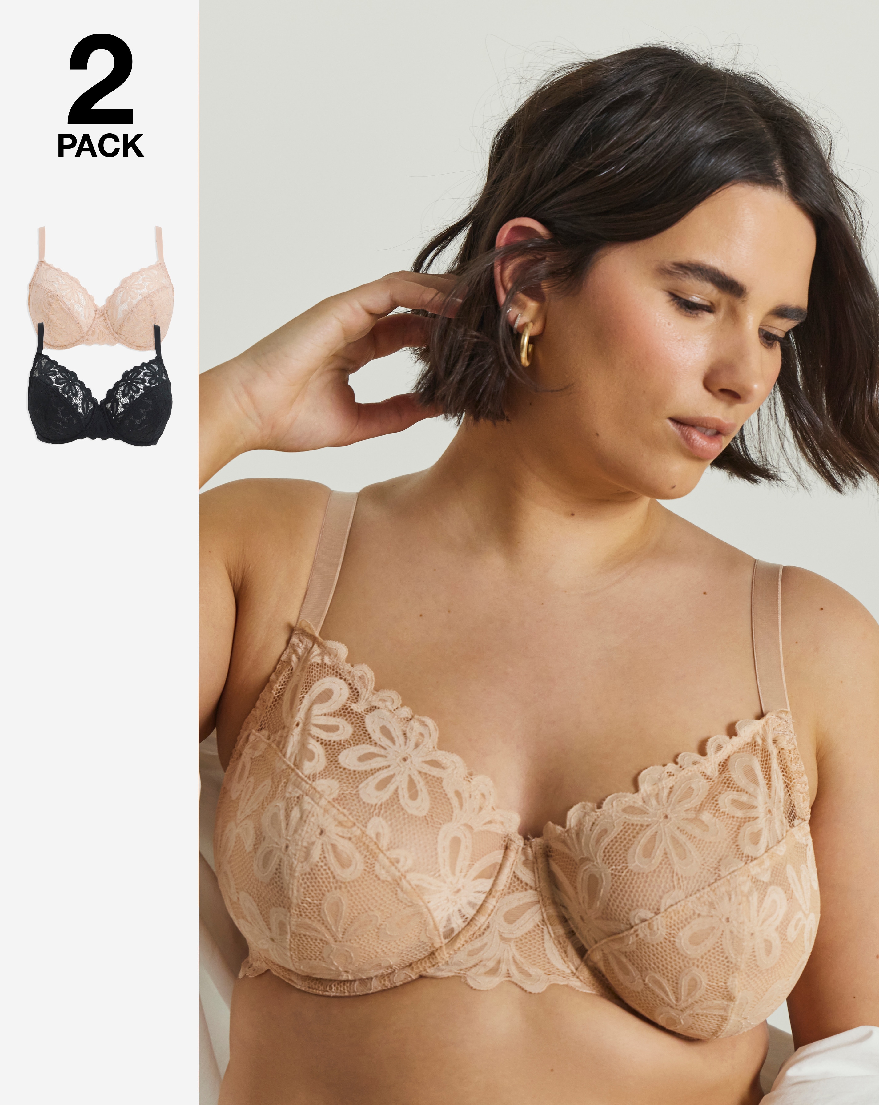 Pretty Secrets 2 Pack Daisy Lace Full Cup Bras In Black/almond | UK Size 38B Women's