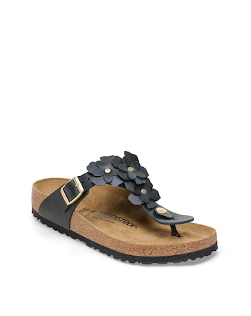 Birkenstock Gizeh Black Smooth Leather Flower Sandals - Standard Fit (D)
