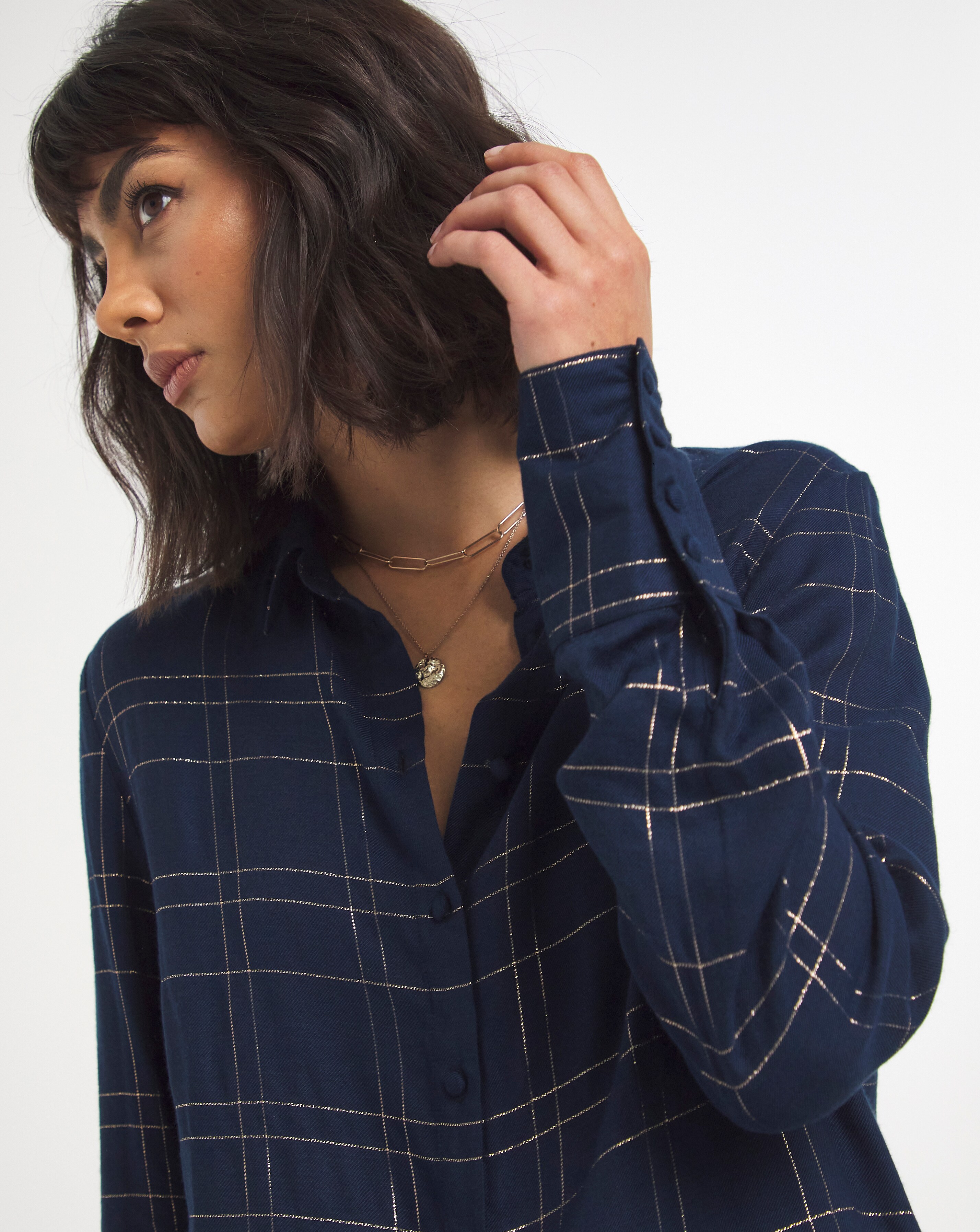 Navy Grid Print Lurex Dipped Back 