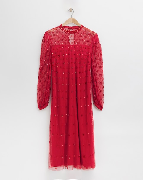 Raishma Beaded Flower Mesh Midi Dress