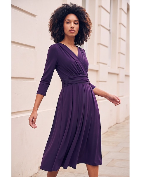 Roman Wrap V-Neck Stretch Midi Dress
