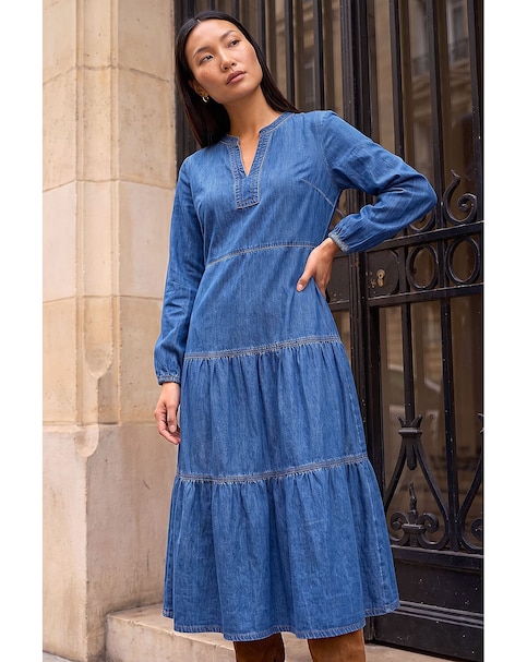 Roman Cotton Denim Tiered Midi Dress
