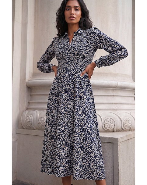 Roman Ditsy Floral Shirred Midi Dress