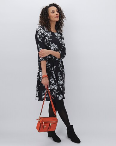 Mono Print 3/4 Sleeve Swing Dress