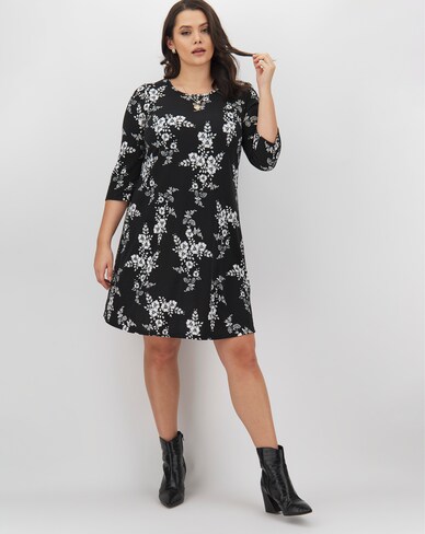 Mono Print 3/4 Sleeve Swing Dress