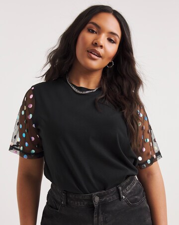 Black Foil Spot Mesh Sleeve Tee | Simply Be