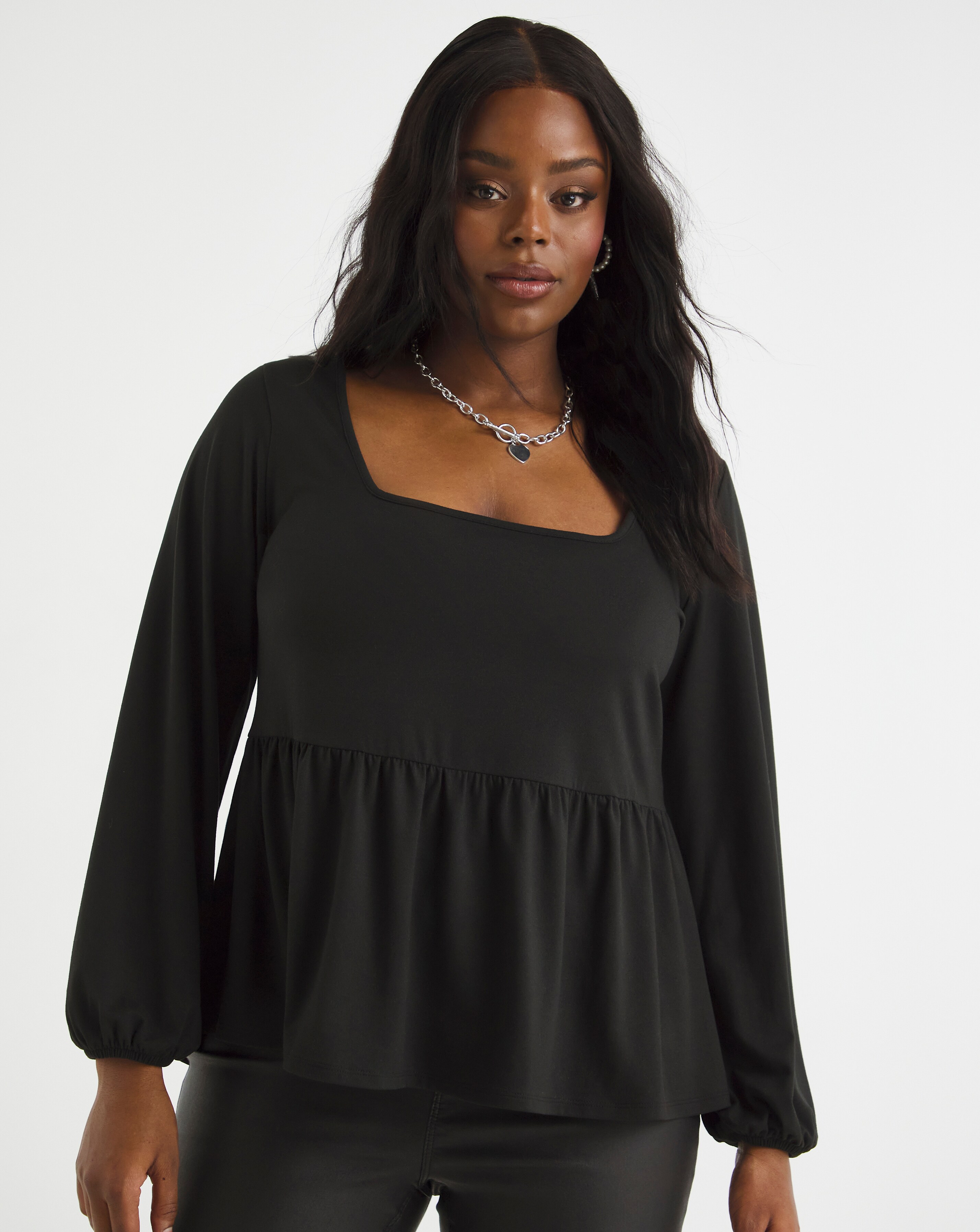 Black Supersoft Square Neck Peplum Top | Simply Be