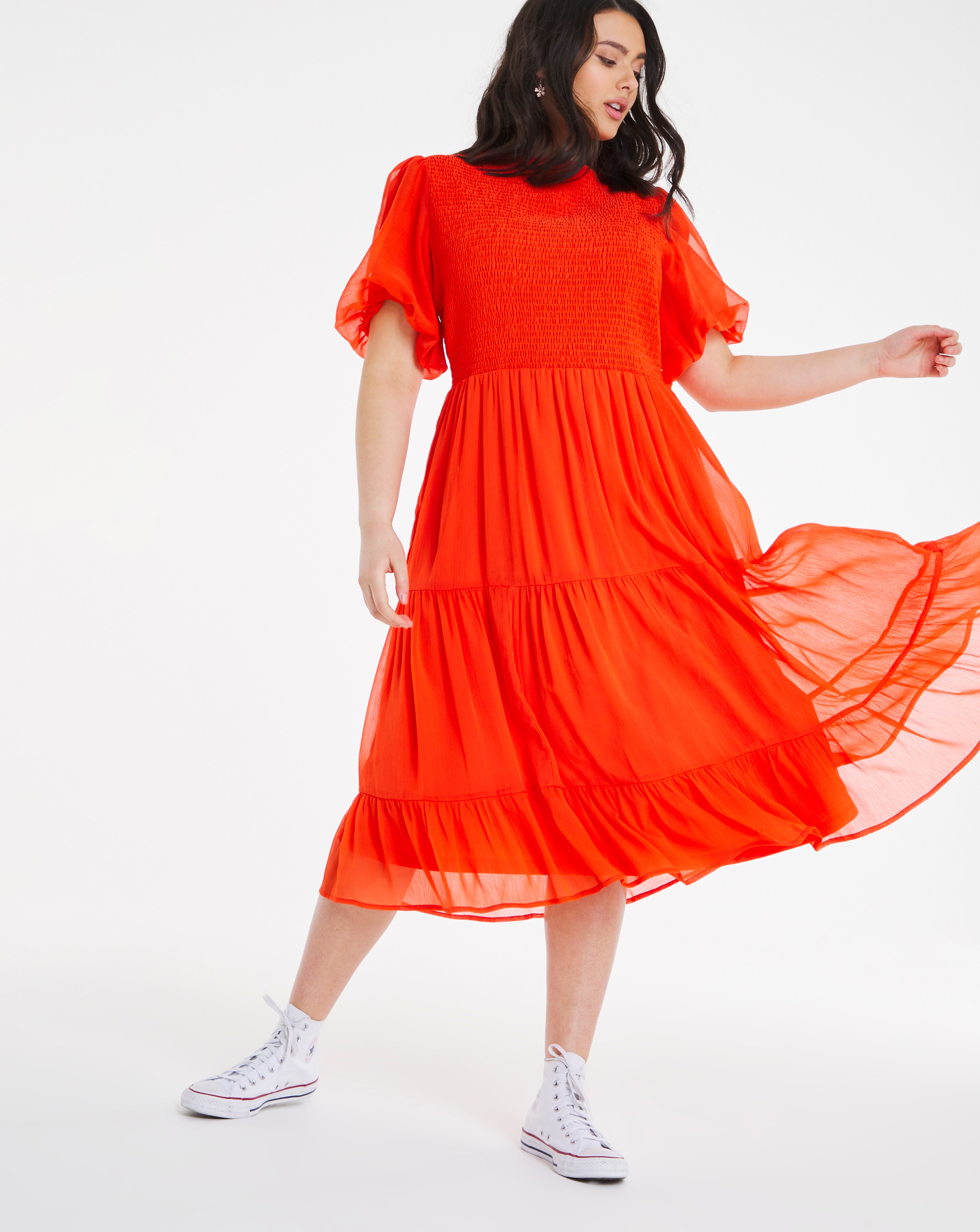 Shirred Puff Sleeve Midi Dress | Simply Be