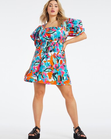 Exaggerated Sleeve Taffeta Square Neck Skater Dress