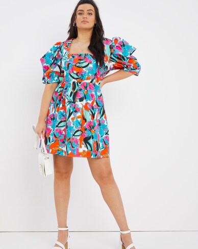 Exaggerated Sleeve Taffeta Square Neck Skater Dress