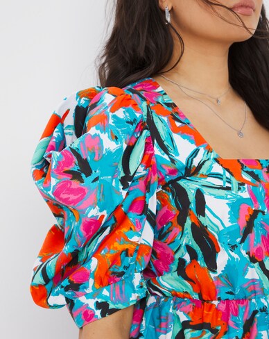 Exaggerated Sleeve Taffeta Square Neck Skater Dress