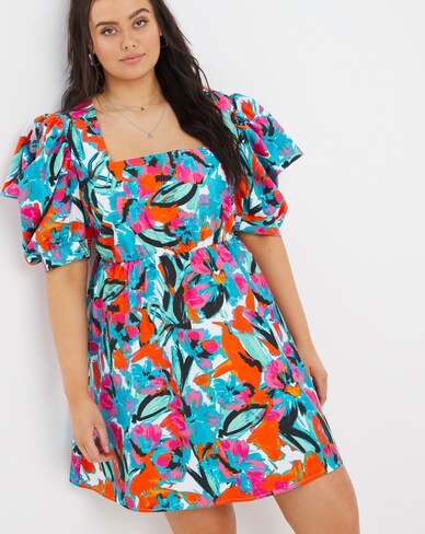 Exaggerated Sleeve Taffeta Square Neck Skater Dress