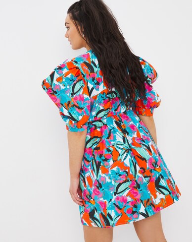 Exaggerated Sleeve Taffeta Square Neck Skater Dress