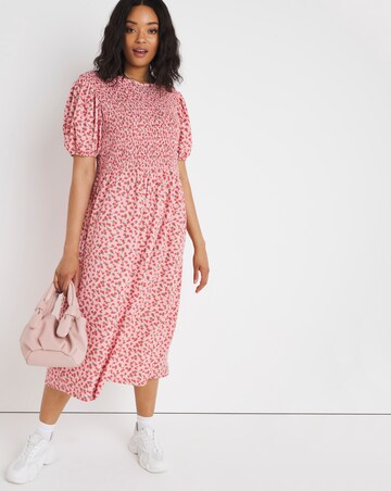 Pink Ditsy Shirred Waffle Midi Dress | Simply Be