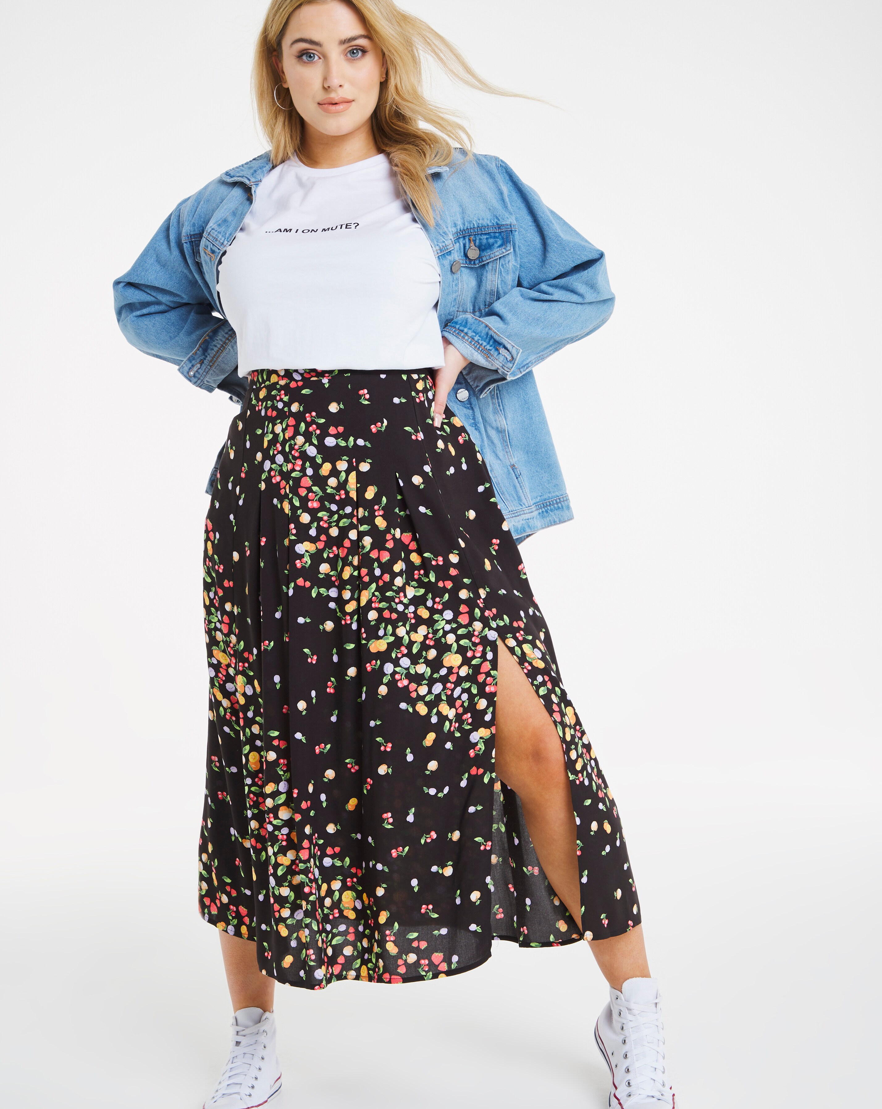 Fruit Print Midi Skirt with Side Split 