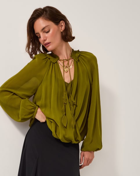 Monsoon Ellie Frill Neck Wrap Blouse - Khaki