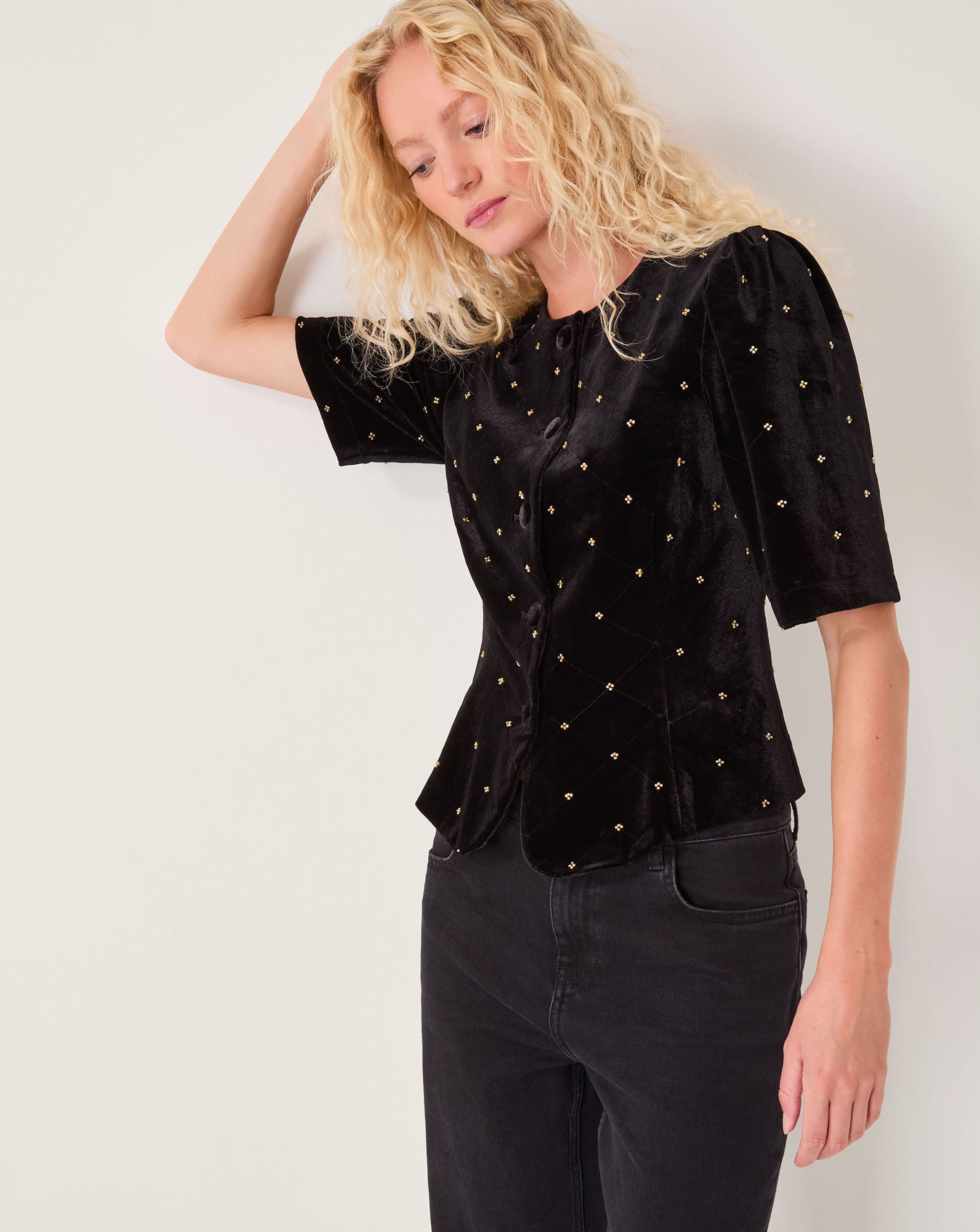 New In - Monsoon Emma Velvet Button Top