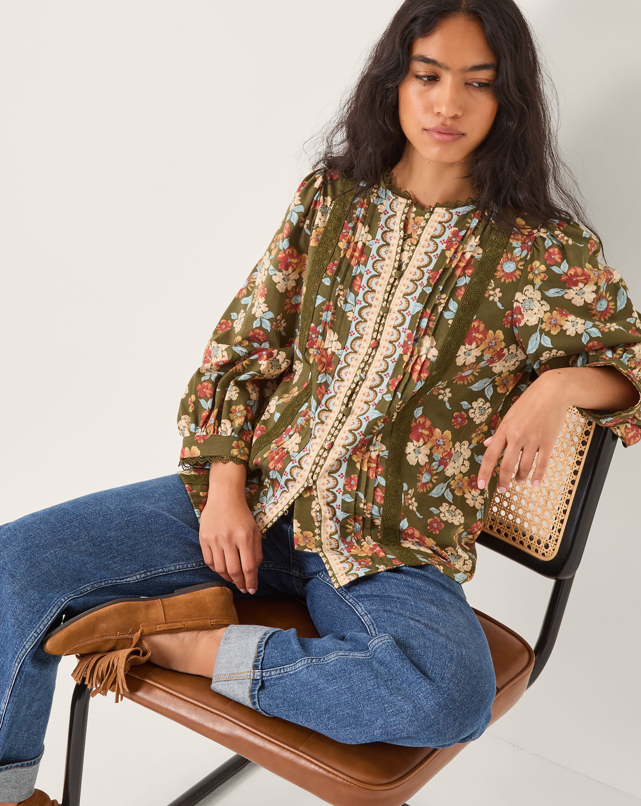New In - Monsoon Olive Floral Print Jersey Shirt
